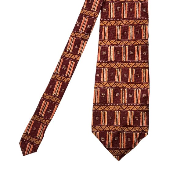 Guess Short Necktie Tie Red Orange White Geometric Pattern 100% Silk Made in USA - Picture 2 of 5